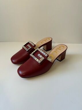 Gucci Red Leather Crystal Buckle Block Heel Mules
